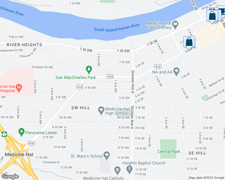 map of restaurants, bars, coffee shops, grocery stores, and more near 111 4 Street Southwest in Medicine Hat