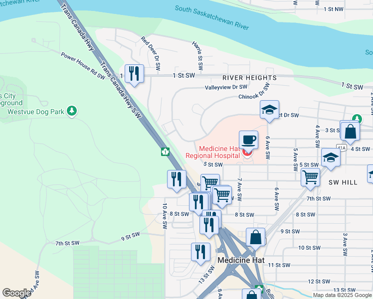 map of restaurants, bars, coffee shops, grocery stores, and more near 911 5 Street Southwest in Medicine Hat