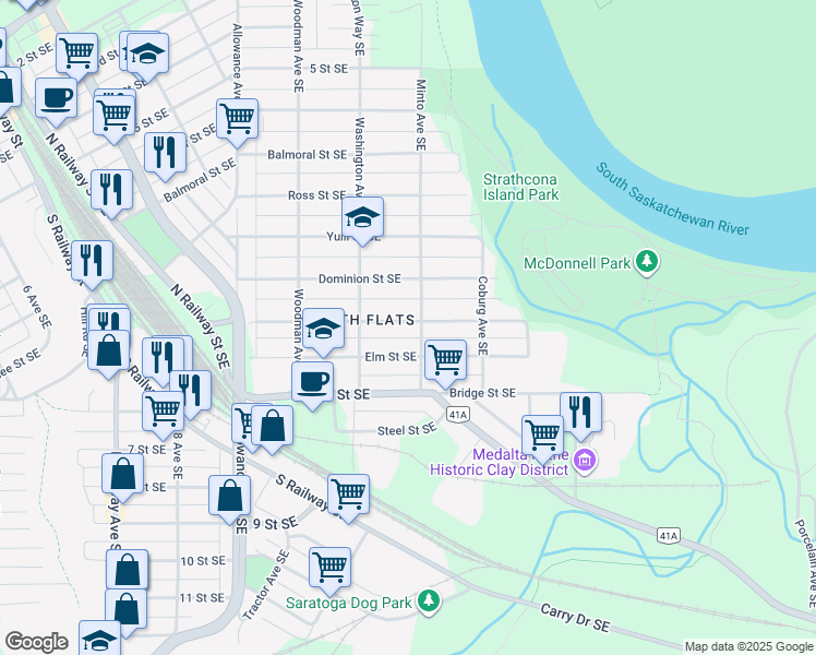 map of restaurants, bars, coffee shops, grocery stores, and more near 1165 Queen Street Southeast in Medicine Hat