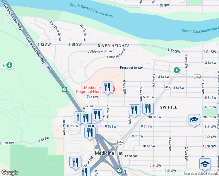 map of restaurants, bars, coffee shops, grocery stores, and more near 666 5 Street Southwest in Medicine Hat