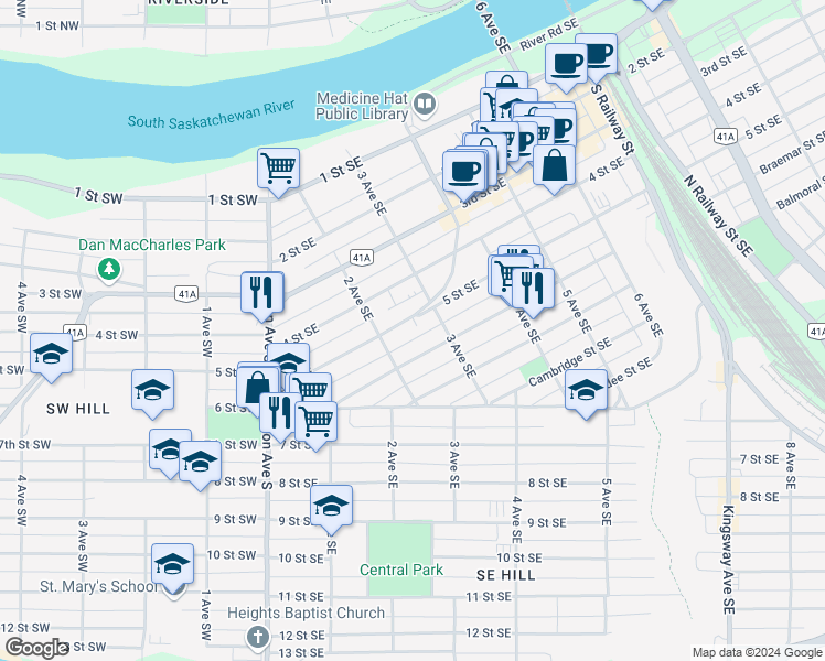 map of restaurants, bars, coffee shops, grocery stores, and more near 233 5 Street Southeast in Medicine Hat