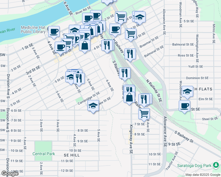 map of restaurants, bars, coffee shops, grocery stores, and more near 508 C 6 Avenue Southeast in Medicine Hat