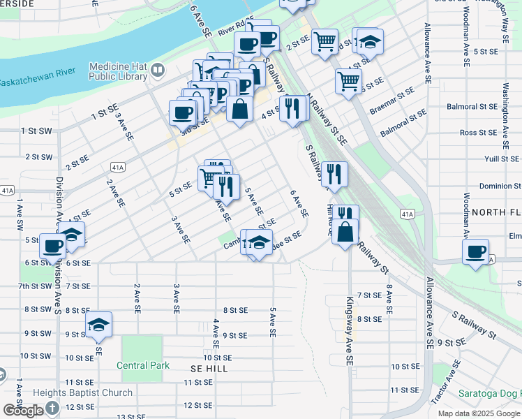 map of restaurants, bars, coffee shops, grocery stores, and more near 5211 5 Avenue Southeast in Medicine Hat