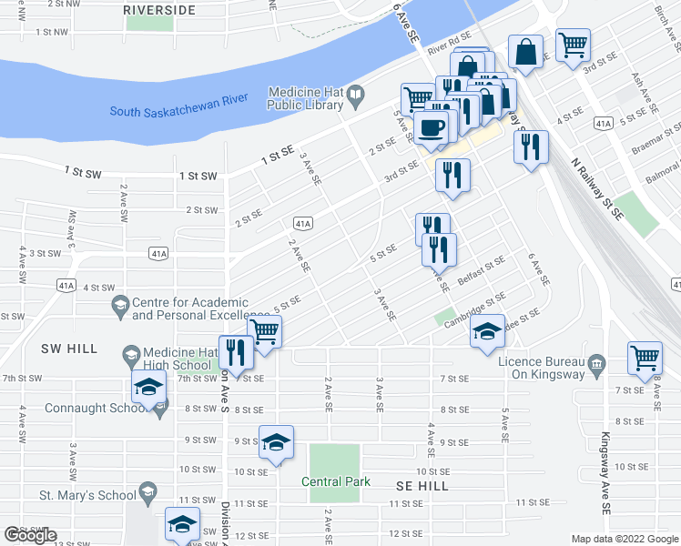 map of restaurants, bars, coffee shops, grocery stores, and more near 244 5 Street Southeast in Medicine Hat