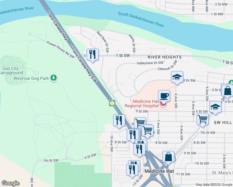map of restaurants, bars, coffee shops, grocery stores, and more near 72 Valleyview Drive Southwest in Medicine Hat