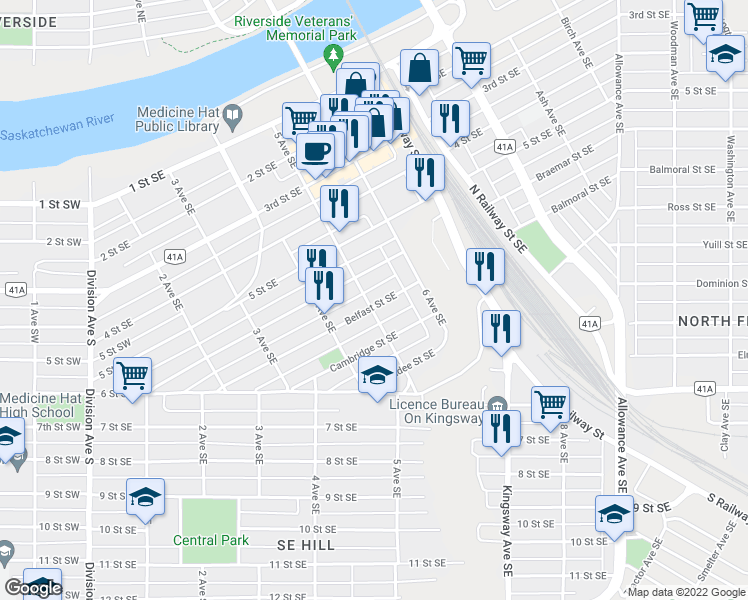 map of restaurants, bars, coffee shops, grocery stores, and more near 506 Belfast Street Southeast in Medicine Hat