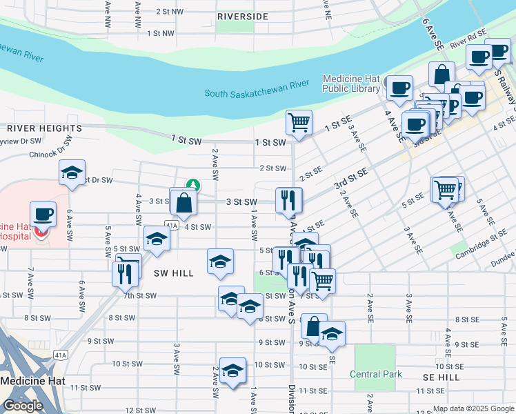 map of restaurants, bars, coffee shops, grocery stores, and more near 77 3 Street Southwest in Medicine Hat