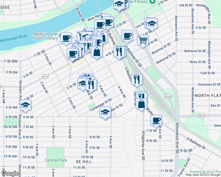 map of restaurants, bars, coffee shops, grocery stores, and more near 5211 5 Avenue Southeast in Medicine Hat