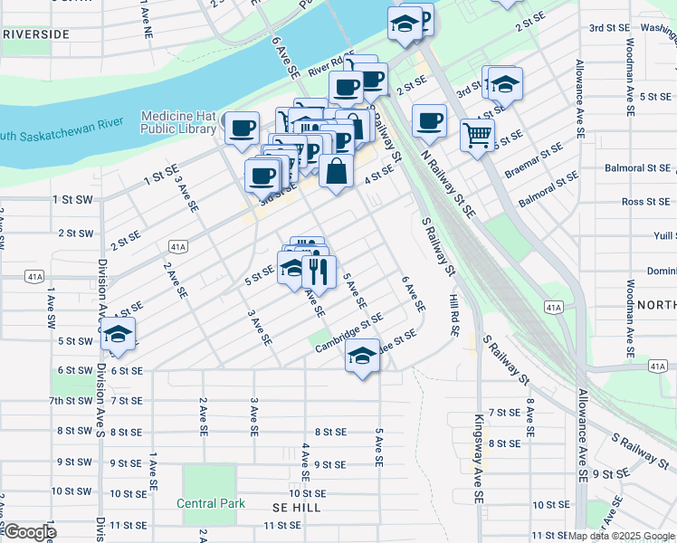 map of restaurants, bars, coffee shops, grocery stores, and more near 459 Aberdeen Street Southeast in Medicine Hat