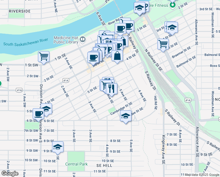 map of restaurants, bars, coffee shops, grocery stores, and more near 420 Aberdeen Street Southeast in Medicine Hat