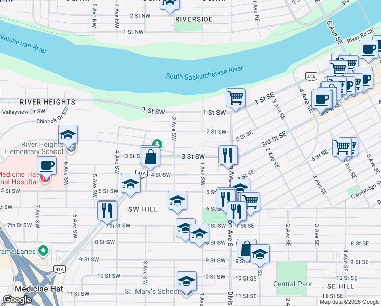 map of restaurants, bars, coffee shops, grocery stores, and more near 153 2 Street Southwest in Medicine Hat
