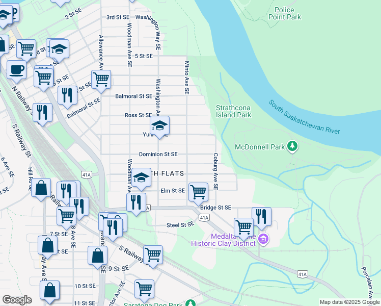 map of restaurants, bars, coffee shops, grocery stores, and more near 1202 Dominion Street Southeast in Medicine Hat
