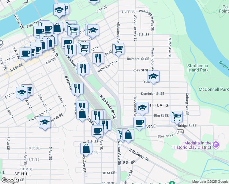 map of restaurants, bars, coffee shops, grocery stores, and more near 509 Maple Avenue Southeast in Medicine Hat