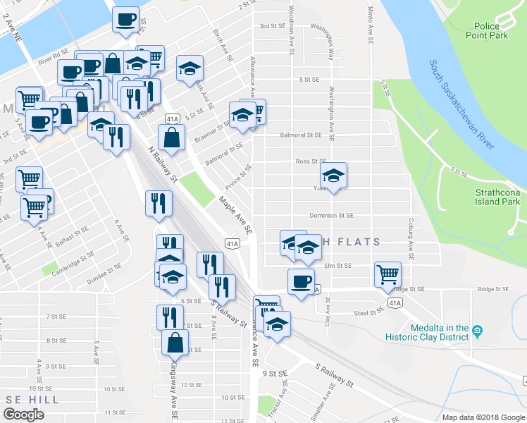 map of restaurants, bars, coffee shops, grocery stores, and more near 902 Dominion Street Southeast in Medicine Hat