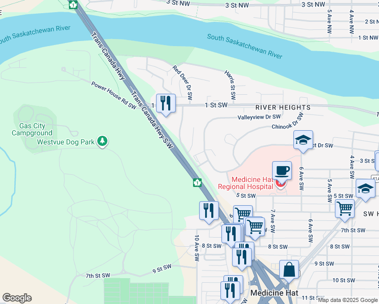 map of restaurants, bars, coffee shops, grocery stores, and more near 245 Red Deer Drive Southwest in Medicine Hat