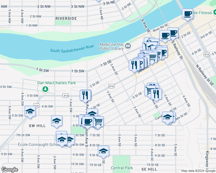 map of restaurants, bars, coffee shops, grocery stores, and more near 212 3rd Street Southeast in Medicine Hat