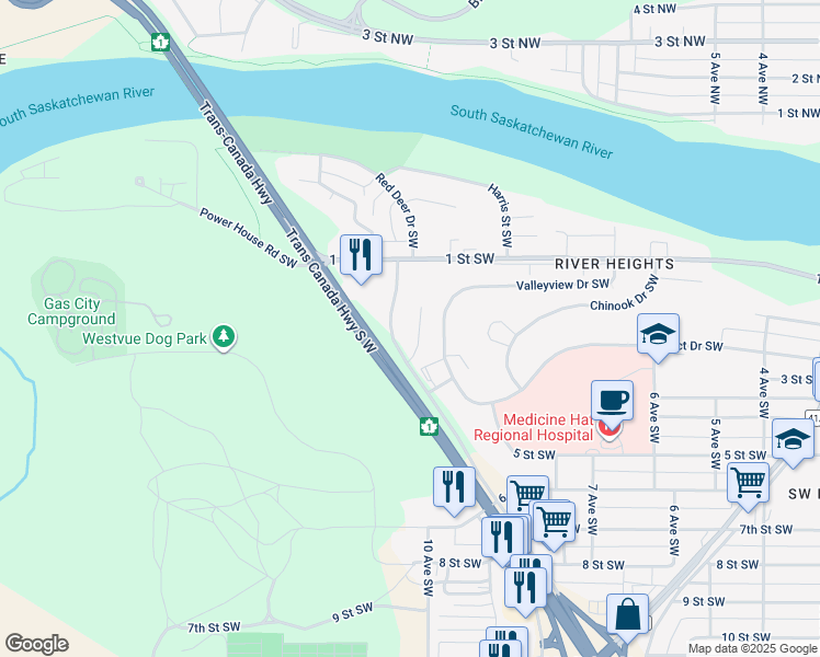 map of restaurants, bars, coffee shops, grocery stores, and more near 245 Red Deer Drive Southwest in Medicine Hat