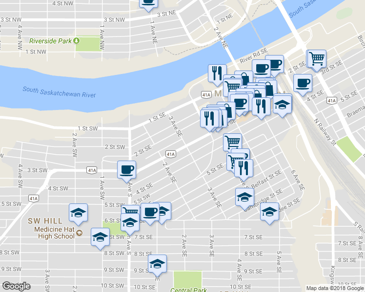 map of restaurants, bars, coffee shops, grocery stores, and more near 280 3 Street Southeast in Medicine Hat