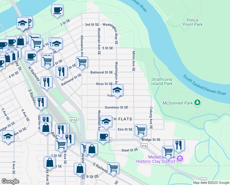 map of restaurants, bars, coffee shops, grocery stores, and more near 1078 Yuill Street Southeast in Medicine Hat
