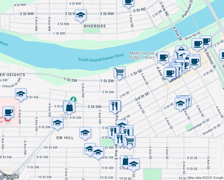 map of restaurants, bars, coffee shops, grocery stores, and more near 20 2 Street Southwest in Medicine Hat
