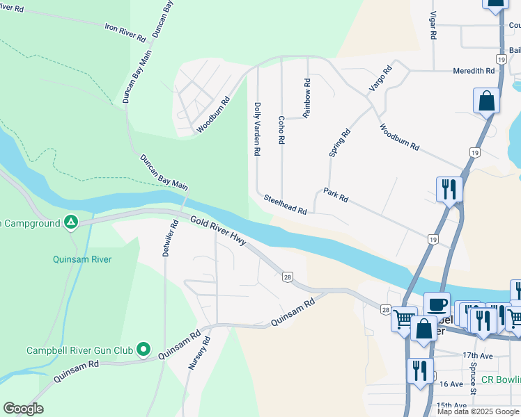 map of restaurants, bars, coffee shops, grocery stores, and more near 2405 Steelhead Road in Campbell River