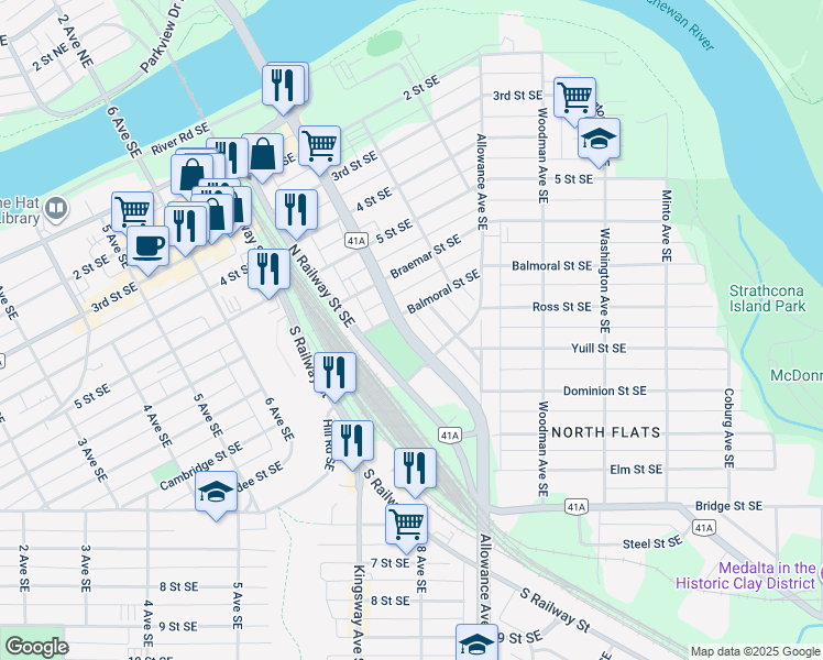 map of restaurants, bars, coffee shops, grocery stores, and more near 820 Balmoral Street Southeast in Medicine Hat