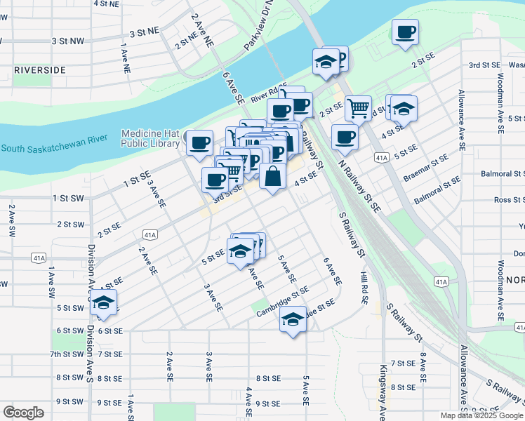 map of restaurants, bars, coffee shops, grocery stores, and more near 407 5 Avenue Southeast in Medicine Hat