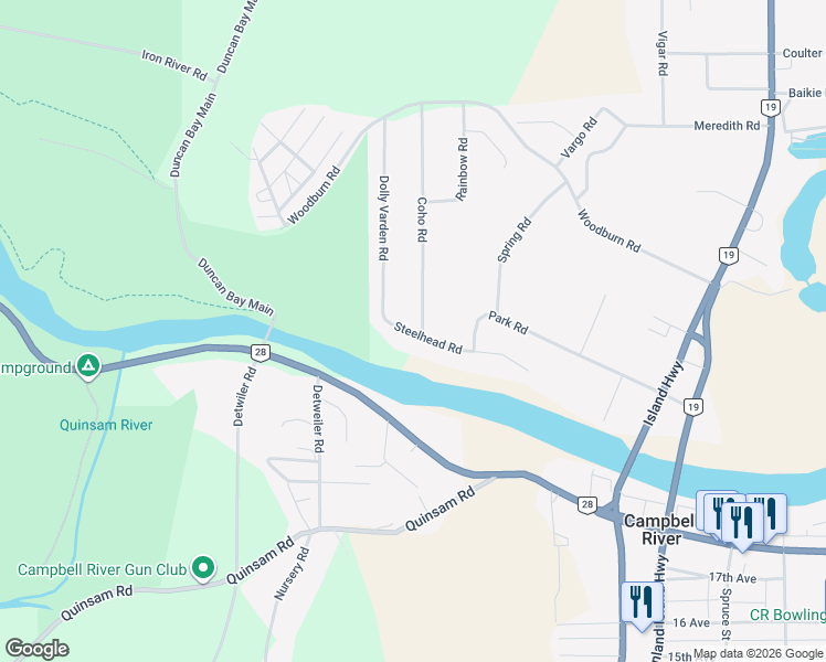 map of restaurants, bars, coffee shops, grocery stores, and more near 2334 Coho Road in Campbell River