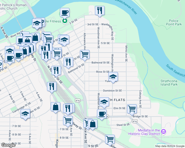 map of restaurants, bars, coffee shops, grocery stores, and more near 943 Ross Street Southeast in Medicine Hat