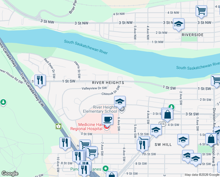 map of restaurants, bars, coffee shops, grocery stores, and more near 1 Valleyview Drive Southwest in Medicine Hat