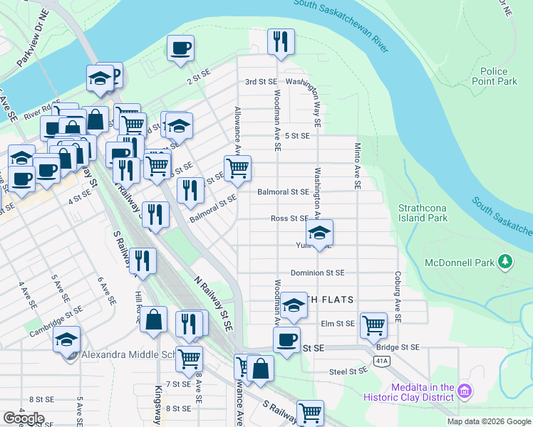 map of restaurants, bars, coffee shops, grocery stores, and more near 954 Ross Street Southeast in Medicine Hat