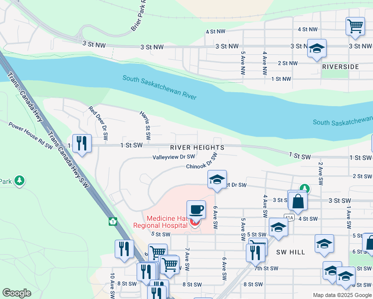 map of restaurants, bars, coffee shops, grocery stores, and more near in Medicine Hat
