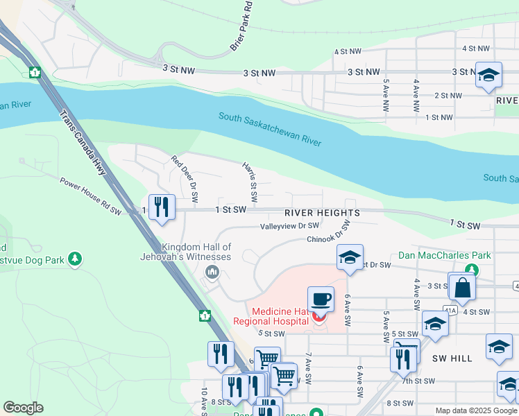 map of restaurants, bars, coffee shops, grocery stores, and more near 890 1 Street Southwest in Medicine Hat