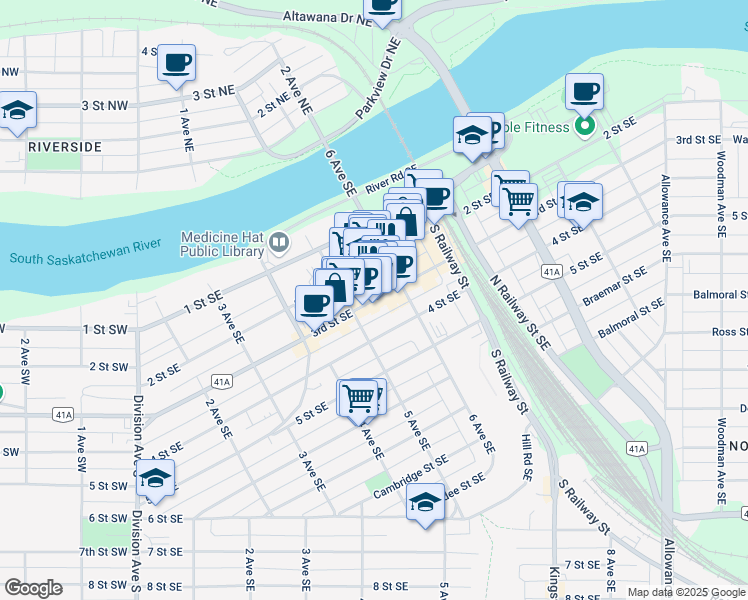 map of restaurants, bars, coffee shops, grocery stores, and more near 535 3 St SE in Medicine Hat