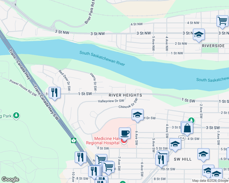 map of restaurants, bars, coffee shops, grocery stores, and more near 770 1 Street Southwest in Medicine Hat