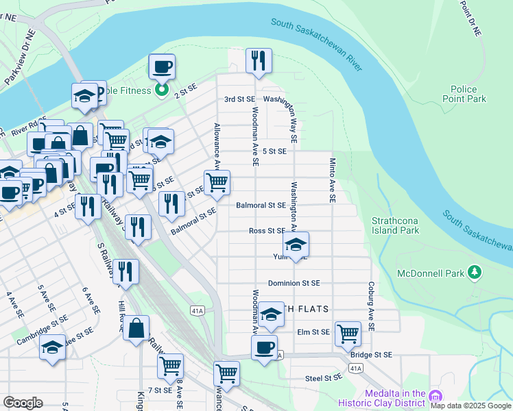 map of restaurants, bars, coffee shops, grocery stores, and more near 535 Woodman Ave SE in Medicine Hat