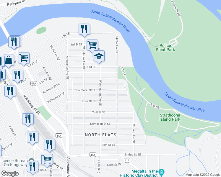 map of restaurants, bars, coffee shops, grocery stores, and more near 1158 Balmoral Street Southeast in Medicine Hat