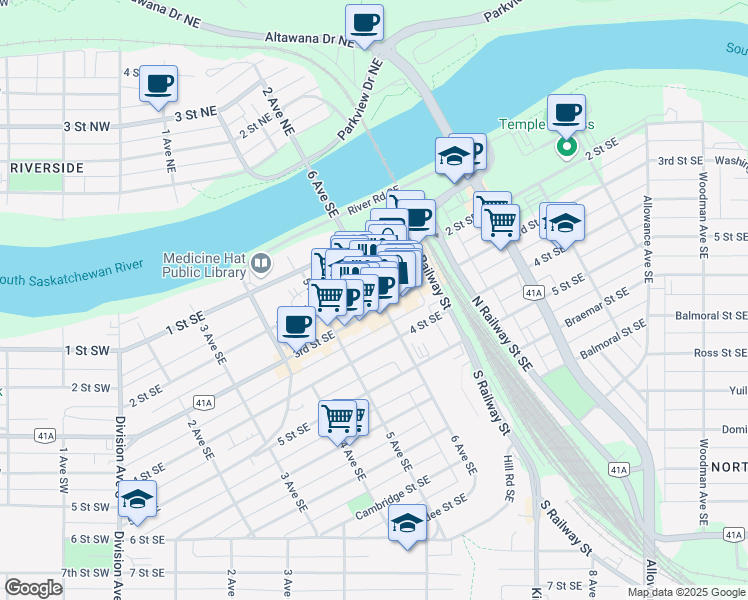 map of restaurants, bars, coffee shops, grocery stores, and more near 578 3rd Street Southeast in Medicine Hat