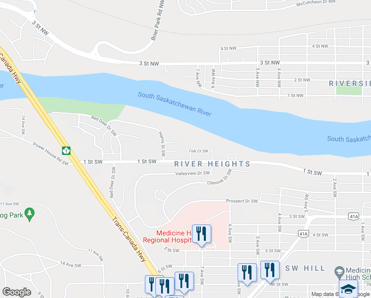 map of restaurants, bars, coffee shops, grocery stores, and more near 49 Link Court Southwest in Medicine Hat