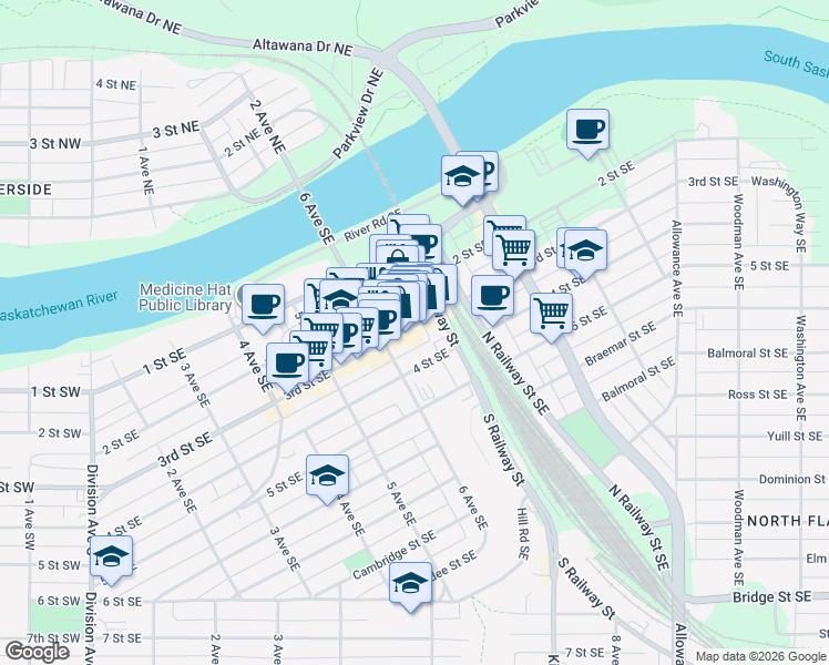 map of restaurants, bars, coffee shops, grocery stores, and more near 643 3 Street Southeast in Medicine Hat