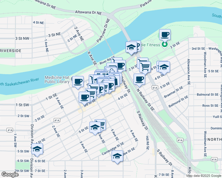 map of restaurants, bars, coffee shops, grocery stores, and more near 578 3rd Street Southeast in Medicine Hat