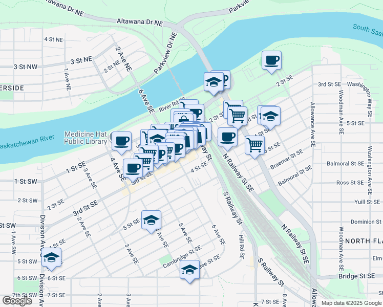 map of restaurants, bars, coffee shops, grocery stores, and more near 643 3rd Street Southeast in Medicine Hat