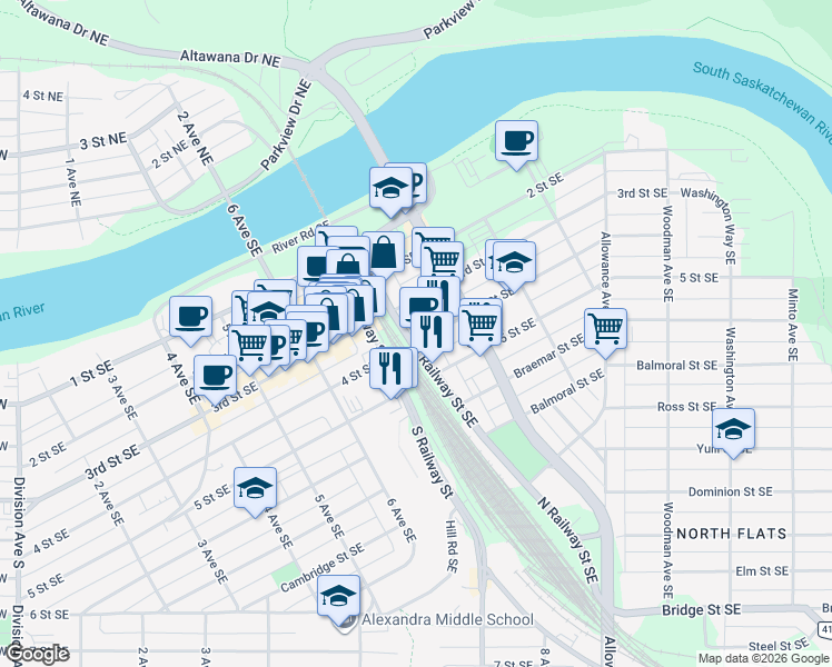 map of restaurants, bars, coffee shops, grocery stores, and more near 403 North Railway Street in Medicine Hat