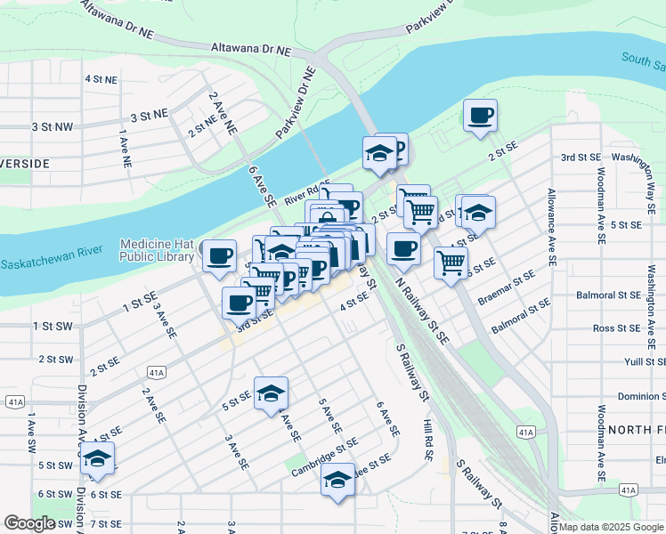 map of restaurants, bars, coffee shops, grocery stores, and more near 643 3rd Street Southeast in Medicine Hat