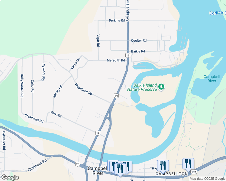map of restaurants, bars, coffee shops, grocery stores, and more near 2470 North Island Highway in Campbell River