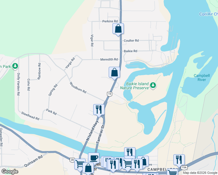 map of restaurants, bars, coffee shops, grocery stores, and more near 2480 North Island Highway in Campbell River