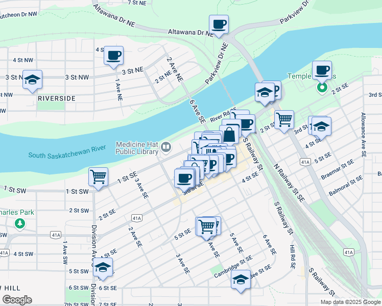 map of restaurants, bars, coffee shops, grocery stores, and more near 480 2 Street Southeast in Medicine Hat