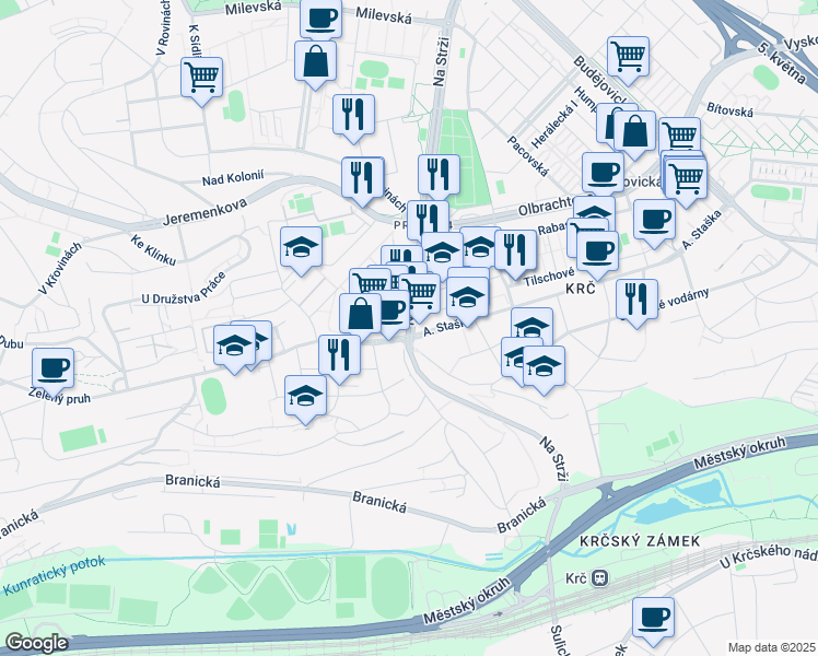 map of restaurants, bars, coffee shops, grocery stores, and more near 1 Na Strži in Hlavní město Praha