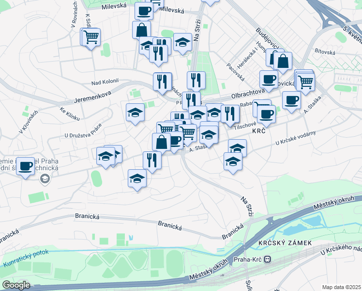 map of restaurants, bars, coffee shops, grocery stores, and more near 3 Na Strži in Hlavní město Praha