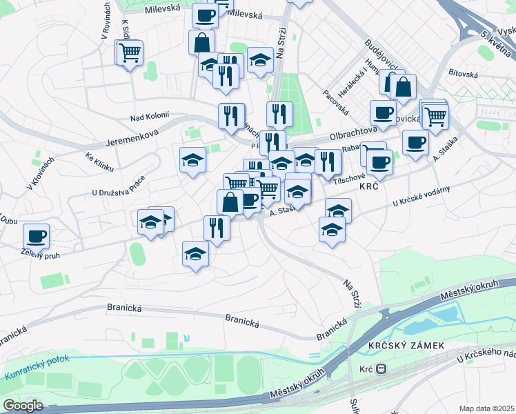 map of restaurants, bars, coffee shops, grocery stores, and more near 3 Na Strži in Hlavní město Praha